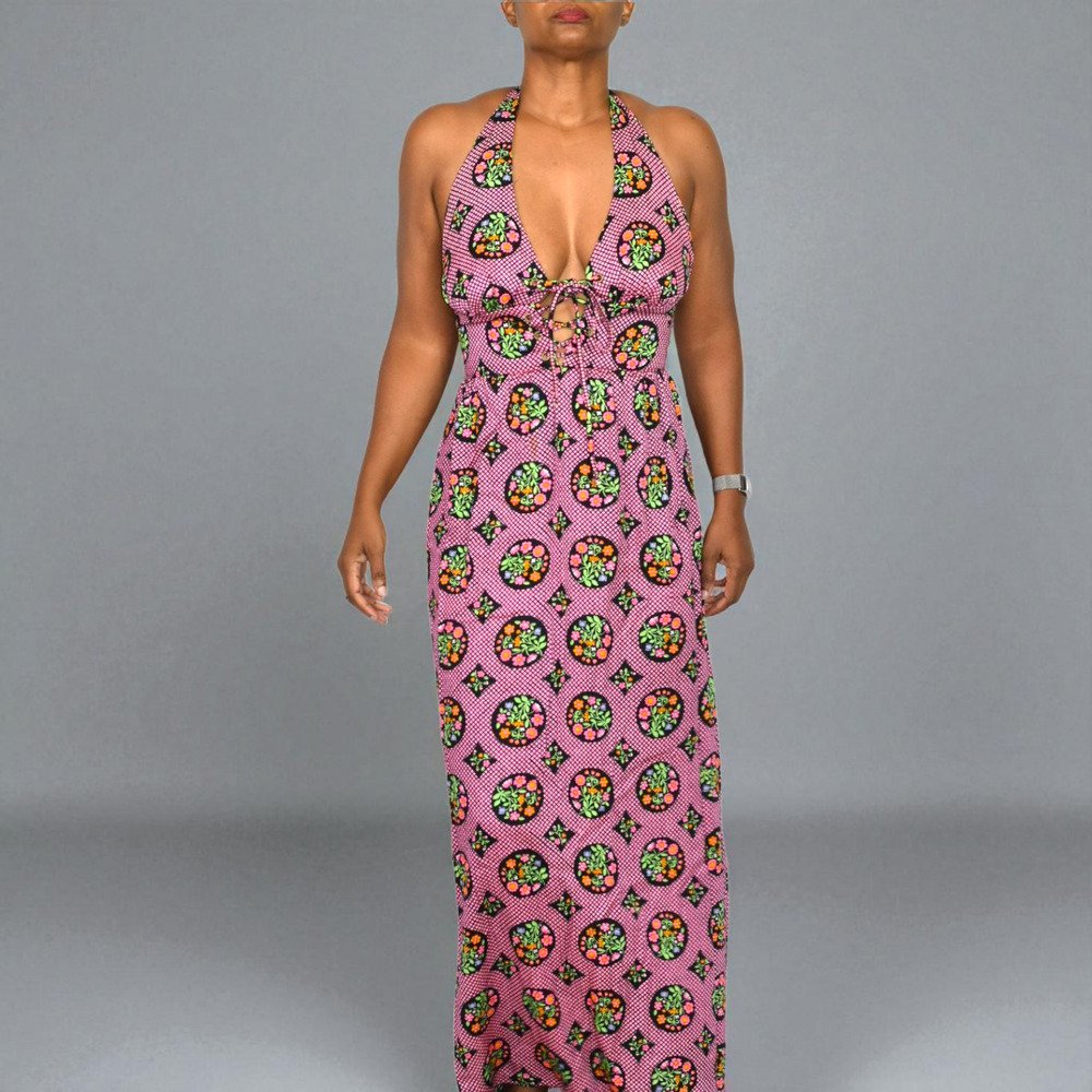 Vintage Halter Maxi Dress Pink Acrylic Floral Print Garden Coverup Hippie Small